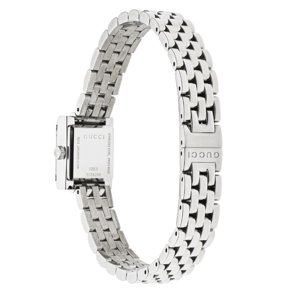 rear view of the Gucci watch displaying the stainless steel case back, secure bracelet clasp fastening, and refined multi-link bracelet construction
