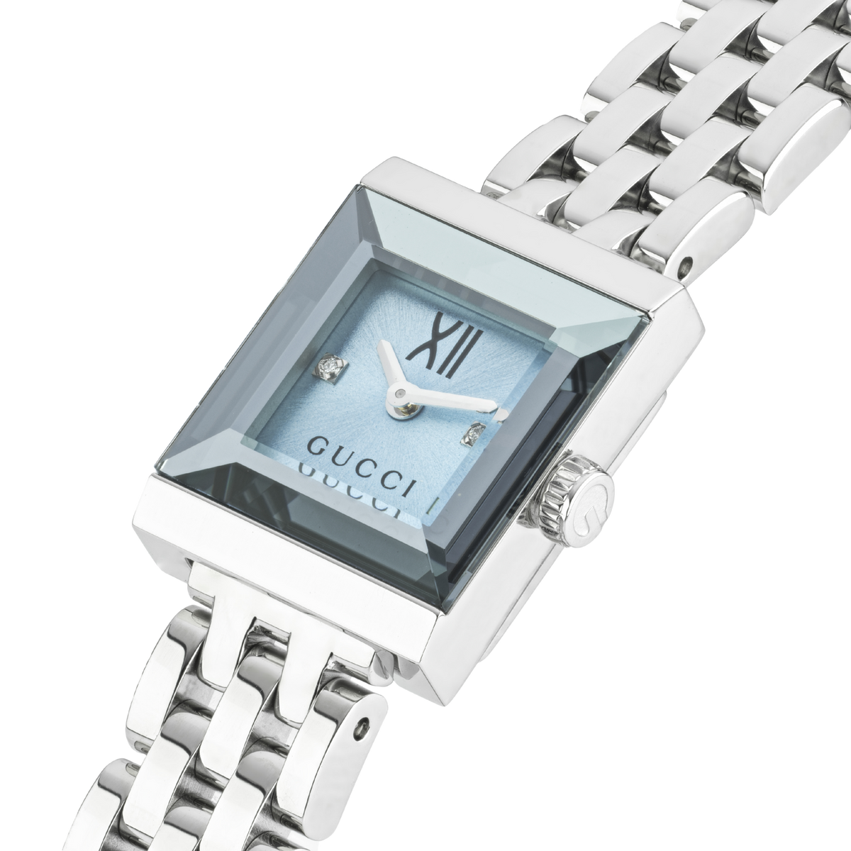 side profile of the Gucci watch highlighting the slim square case, polished stainless steel bracelet links, and elegant jewellery-inspired silhouette
