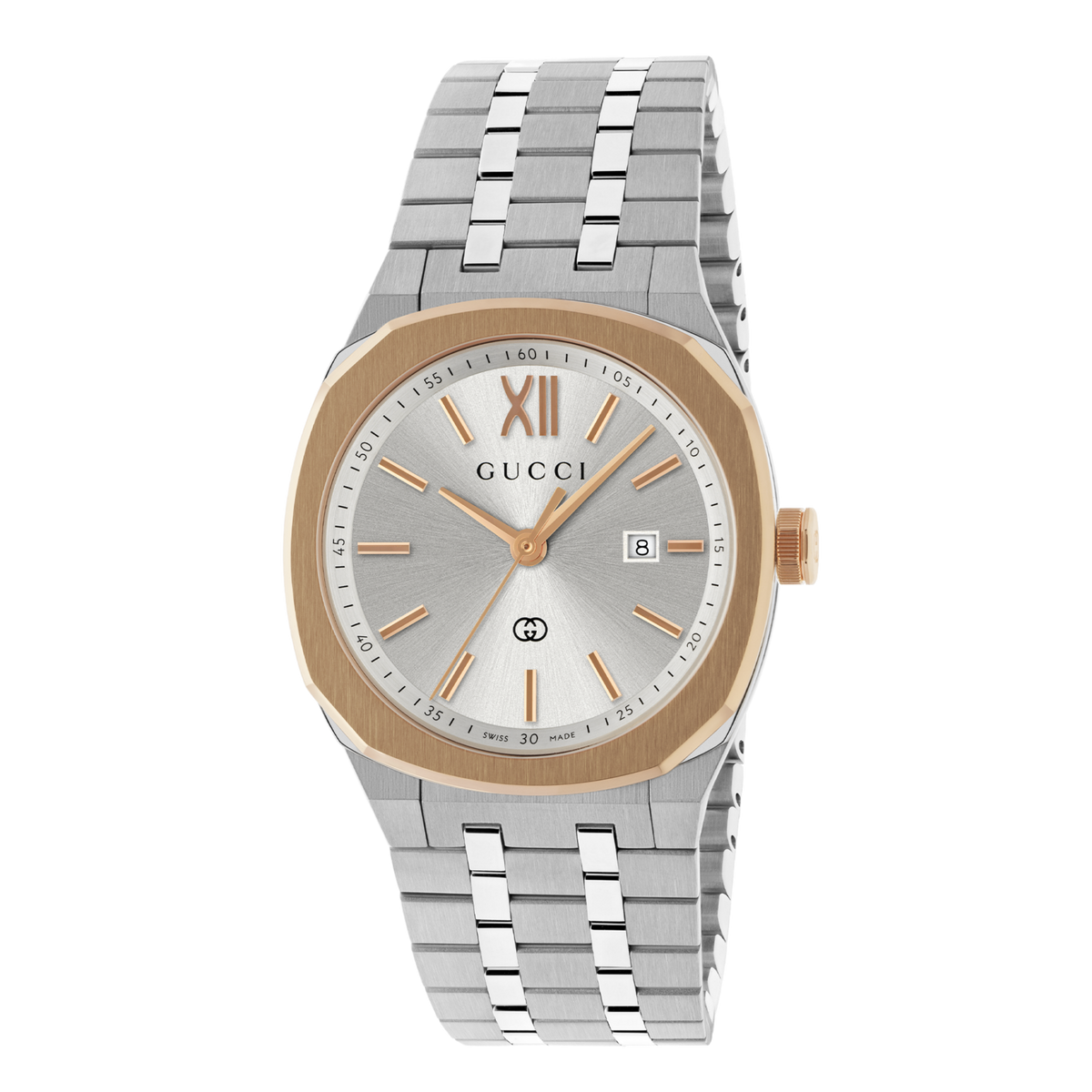Gucci stainless steel watch with a silver sunray dial, rose gold-tone bezel, matching hour markers, date display, and integrated bracelet shown in full front view
