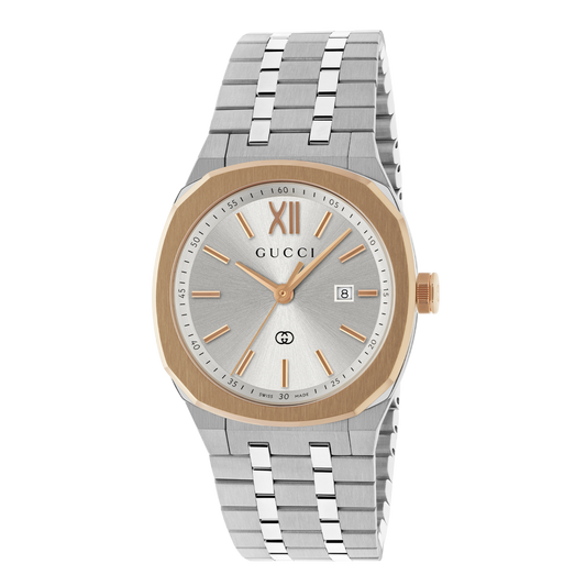 Gucci stainless steel watch with a silver sunray dial, rose gold-tone bezel, matching hour markers, date display, and integrated bracelet shown in full front view
