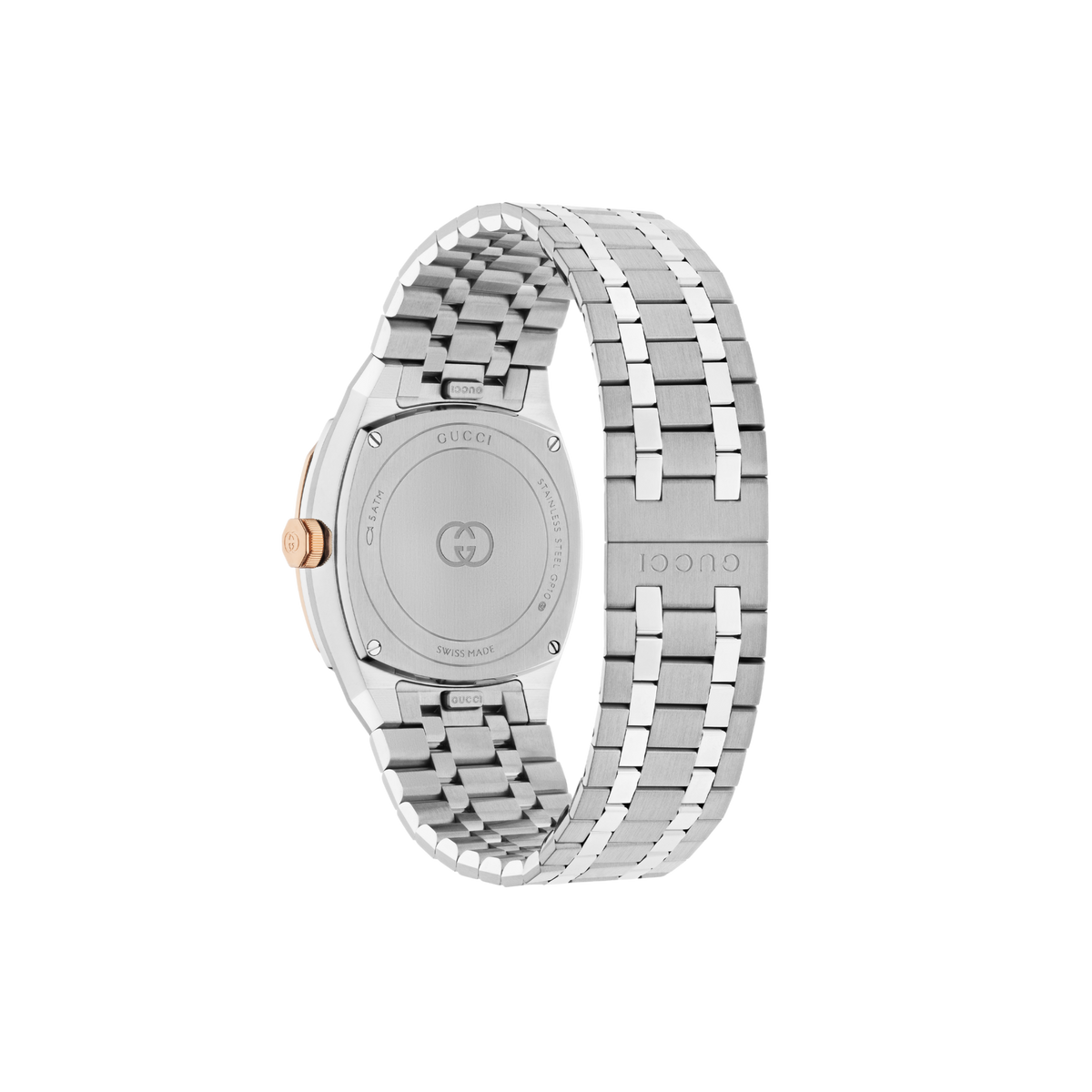 side profile of the Gucci watch highlighting the slim angular case, rose gold-tone crown, and brushed integrated stainless steel bracelet
