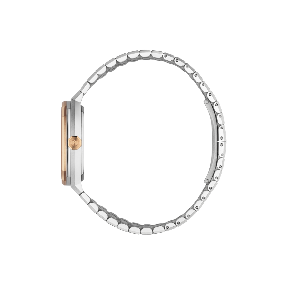rear view of the Gucci bracelet watch displaying the stainless steel case back, folding clasp fastening, and integrated bracelet link construction
