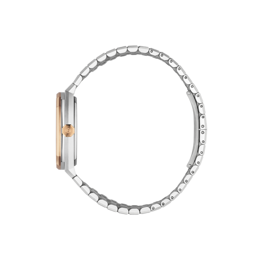 rear view of the Gucci bracelet watch displaying the stainless steel case back, folding clasp fastening, and integrated bracelet link construction
