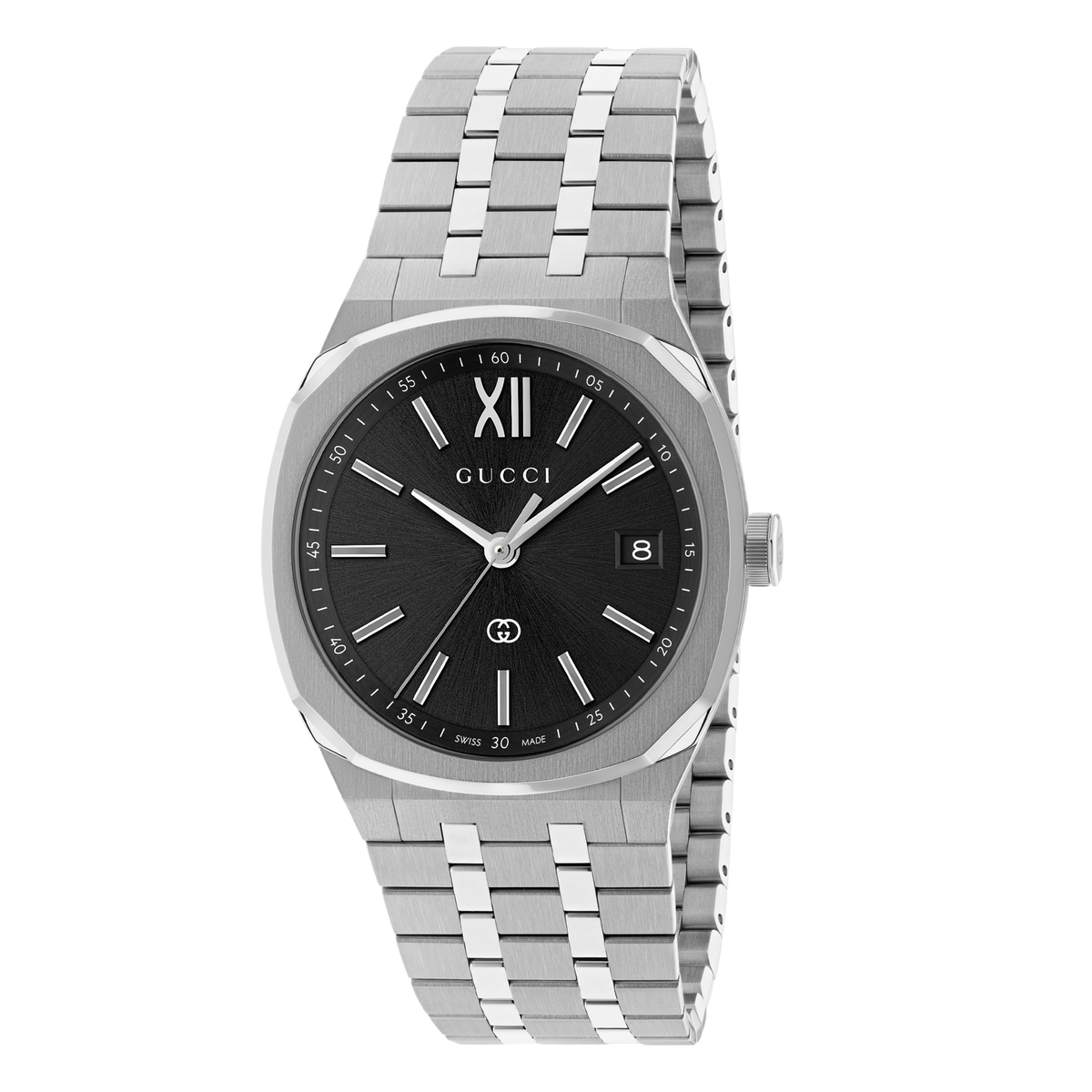 Gucci stainless steel watch with a black textured dial, silver-tone hour markers, date display, and integrated bracelet shown in full front view
