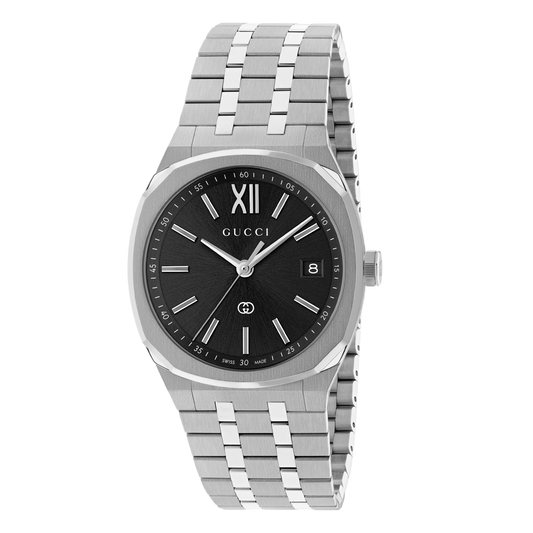 Gucci stainless steel watch with a black textured dial, silver-tone hour markers, date display, and integrated bracelet shown in full front view

