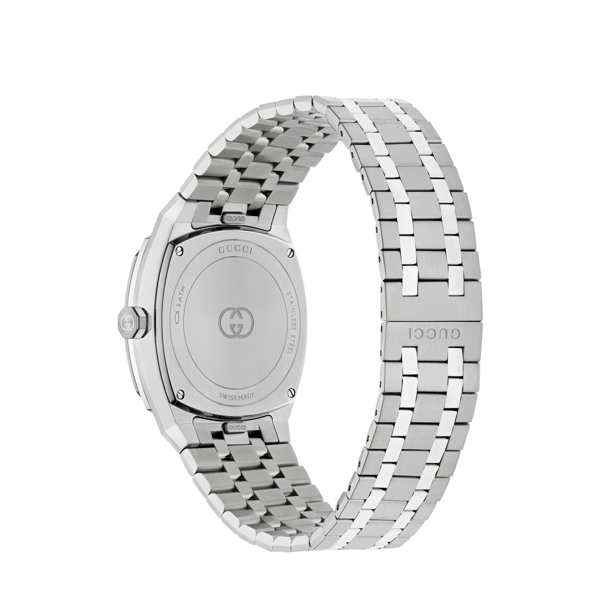 side profile of the Gucci watch highlighting the angular stainless steel case, signed crown, and brushed integrated bracelet links
