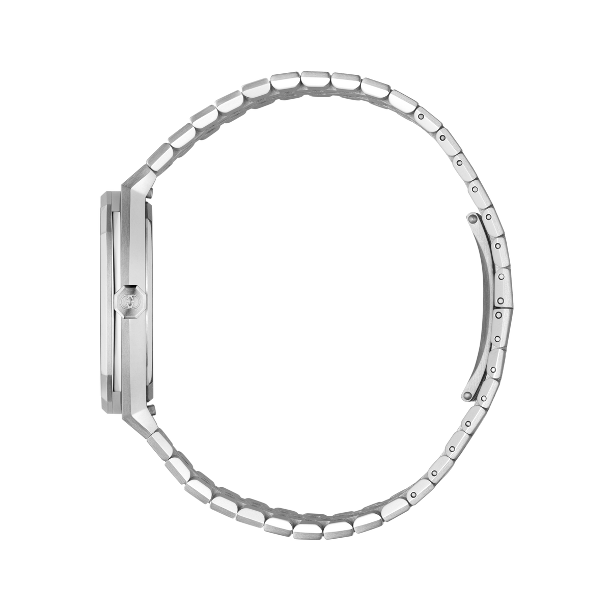 rear view of the Gucci bracelet watch displaying the stainless steel case back, folding clasp fastening, and integrated link bracelet construction
