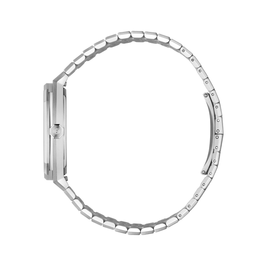 rear view of the Gucci bracelet watch displaying the stainless steel case back, folding clasp fastening, and integrated link bracelet construction
