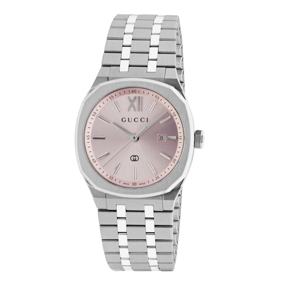 Gucci stainless steel watch with a soft pink dial, silver-tone baton hour markers, and integrated bracelet shown in full front view
