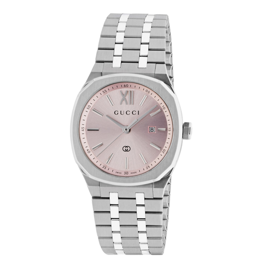Gucci stainless steel watch with a soft pink dial, silver-tone baton hour markers, and integrated bracelet shown in full front view
