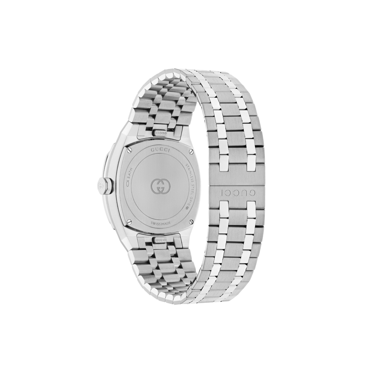 rear view of the Gucci bracelet watch displaying the stainless steel case back, folding clasp fastening, and integrated link bracelet construction
