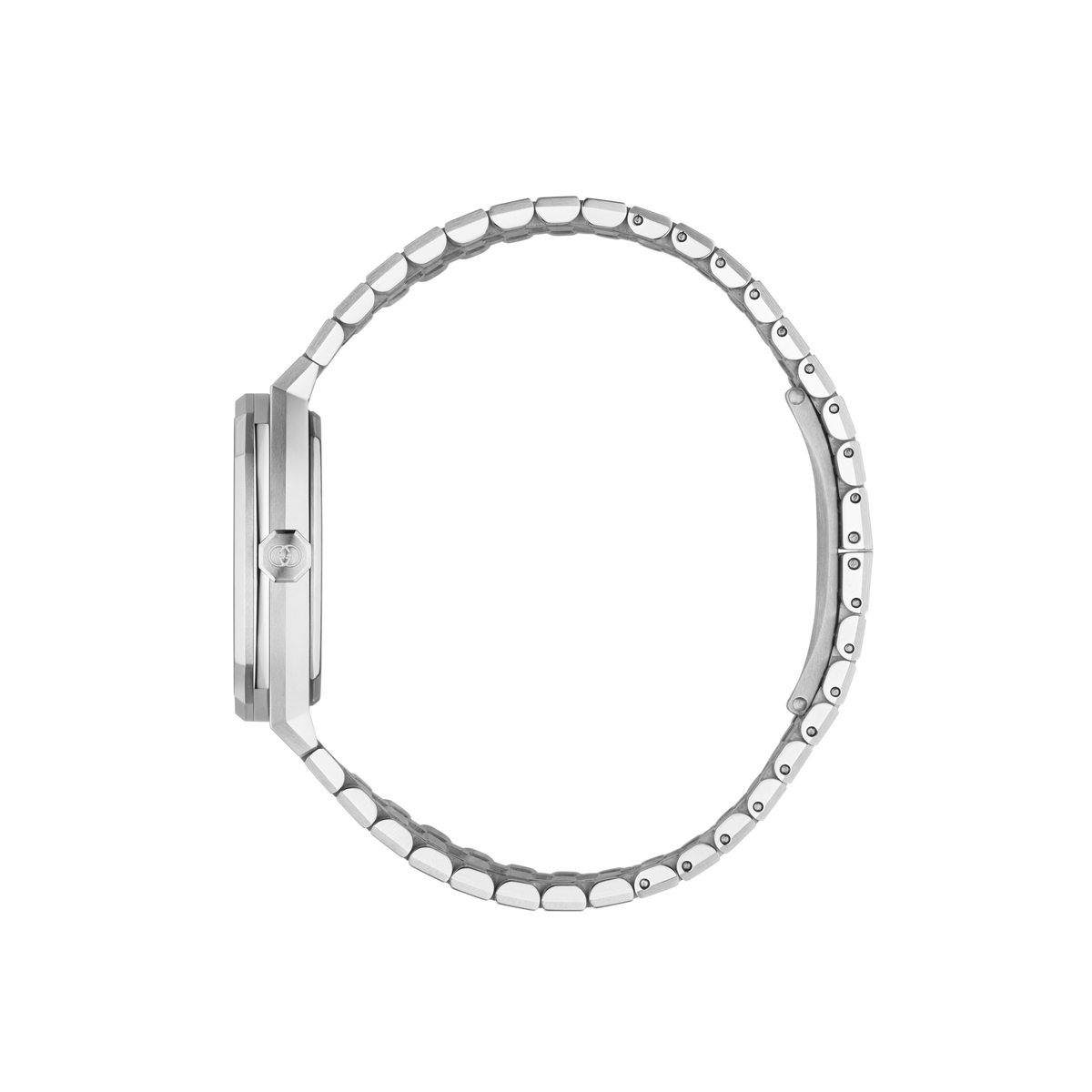side profile of the Gucci watch highlighting the angular stainless steel case, slim crown detailing, and brushed integrated bracelet links
