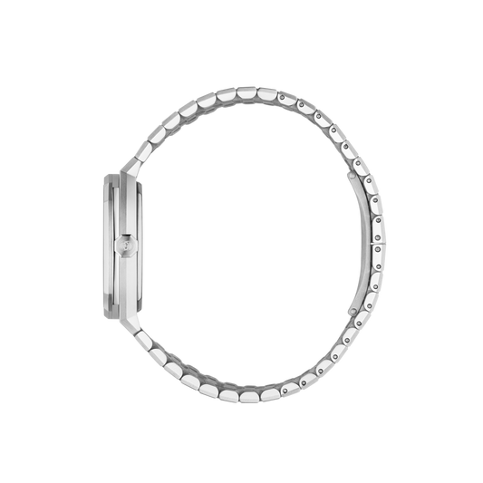 side profile of the Gucci watch highlighting the angular stainless steel case, slim crown detailing, and brushed integrated bracelet links
