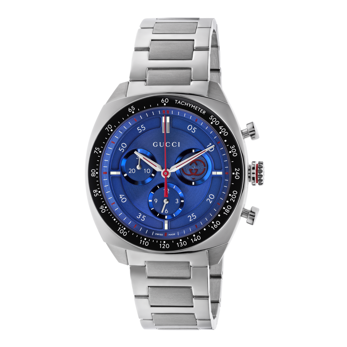 Gucci chronograph stainless steel watch with a vibrant blue dial, black tachymeter bezel, red chronograph accents, and integrated steel bracelet shown in full front view