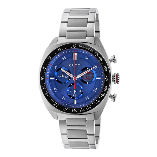 Gucci chronograph stainless steel watch with a vibrant blue dial, black tachymeter bezel, red chronograph accents, and integrated steel bracelet shown in full front view