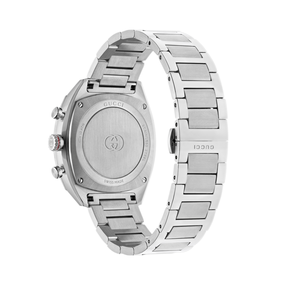 rear view of the Gucci chronograph bracelet watch displaying the stainless steel case back, folding clasp fastening, and integrated bracelet links

