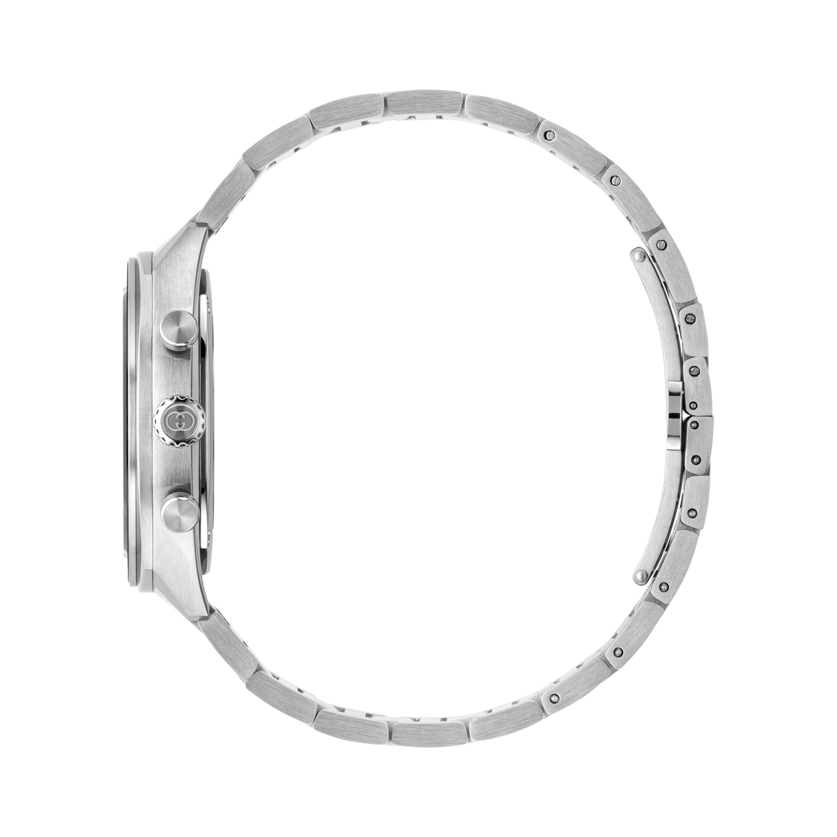 side profile of the Gucci blue dial chronograph watch highlighting the brushed stainless steel case, pushers, crown detailing, and angular bracelet design
