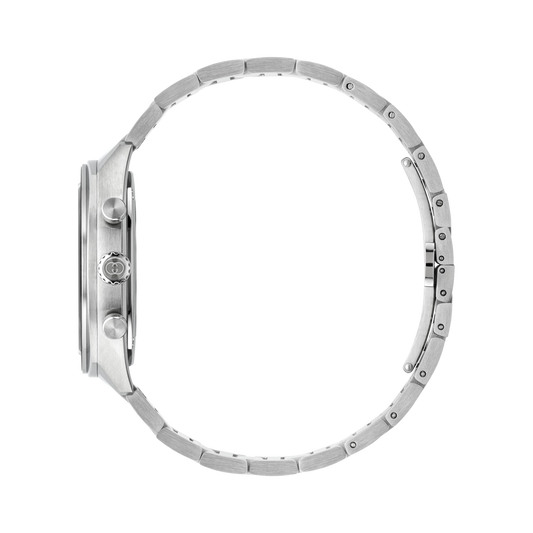 side profile of the Gucci blue dial chronograph watch highlighting the brushed stainless steel case, pushers, crown detailing, and angular bracelet design
