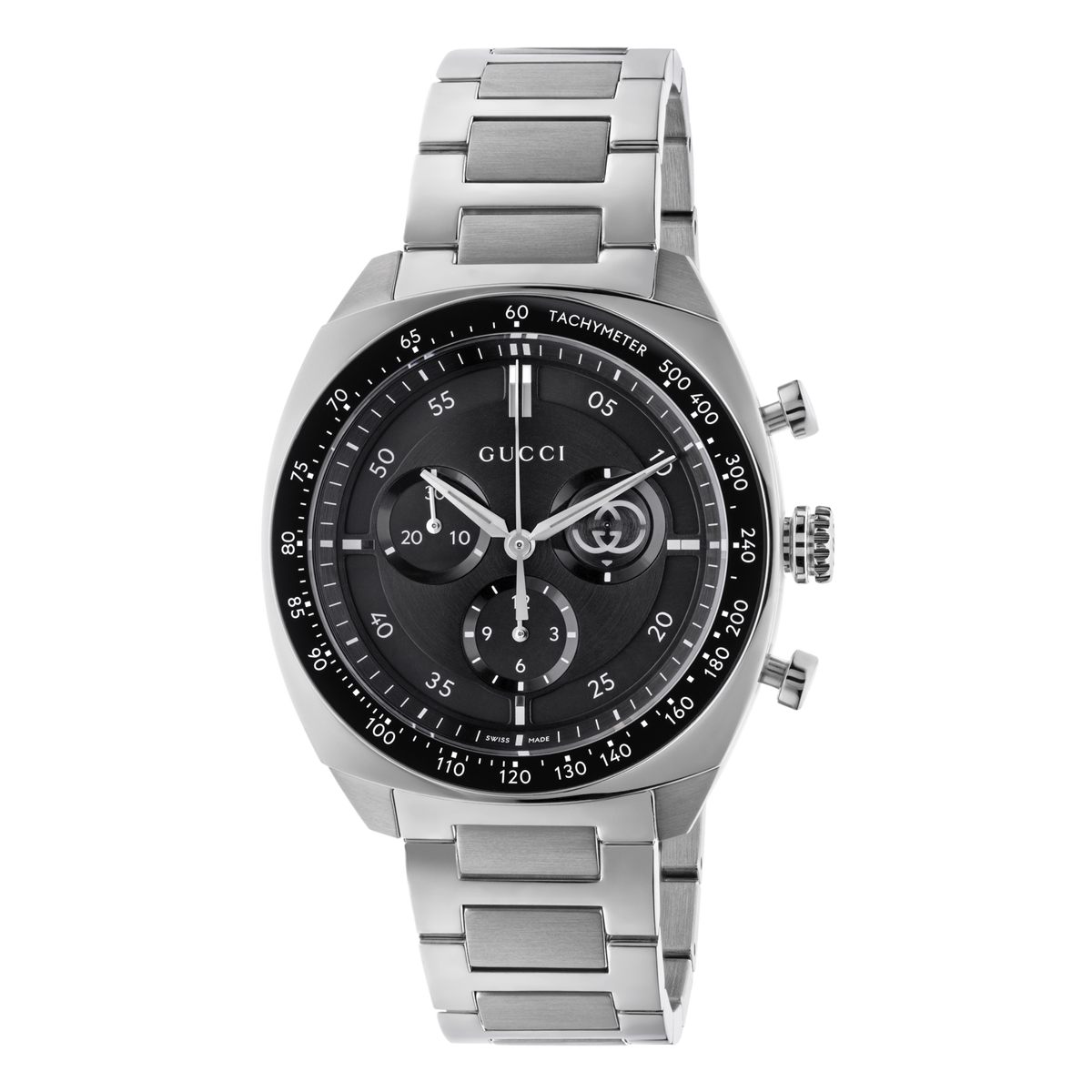 Gucci chronograph stainless steel watch with a black dial, tachymeter bezel, three sub-dials, and integrated stainless steel bracelet shown in full front view
