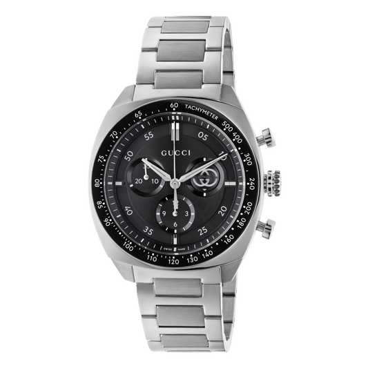 Gucci chronograph stainless steel watch with a black dial, tachymeter bezel, three sub-dials, and integrated stainless steel bracelet shown in full front view
