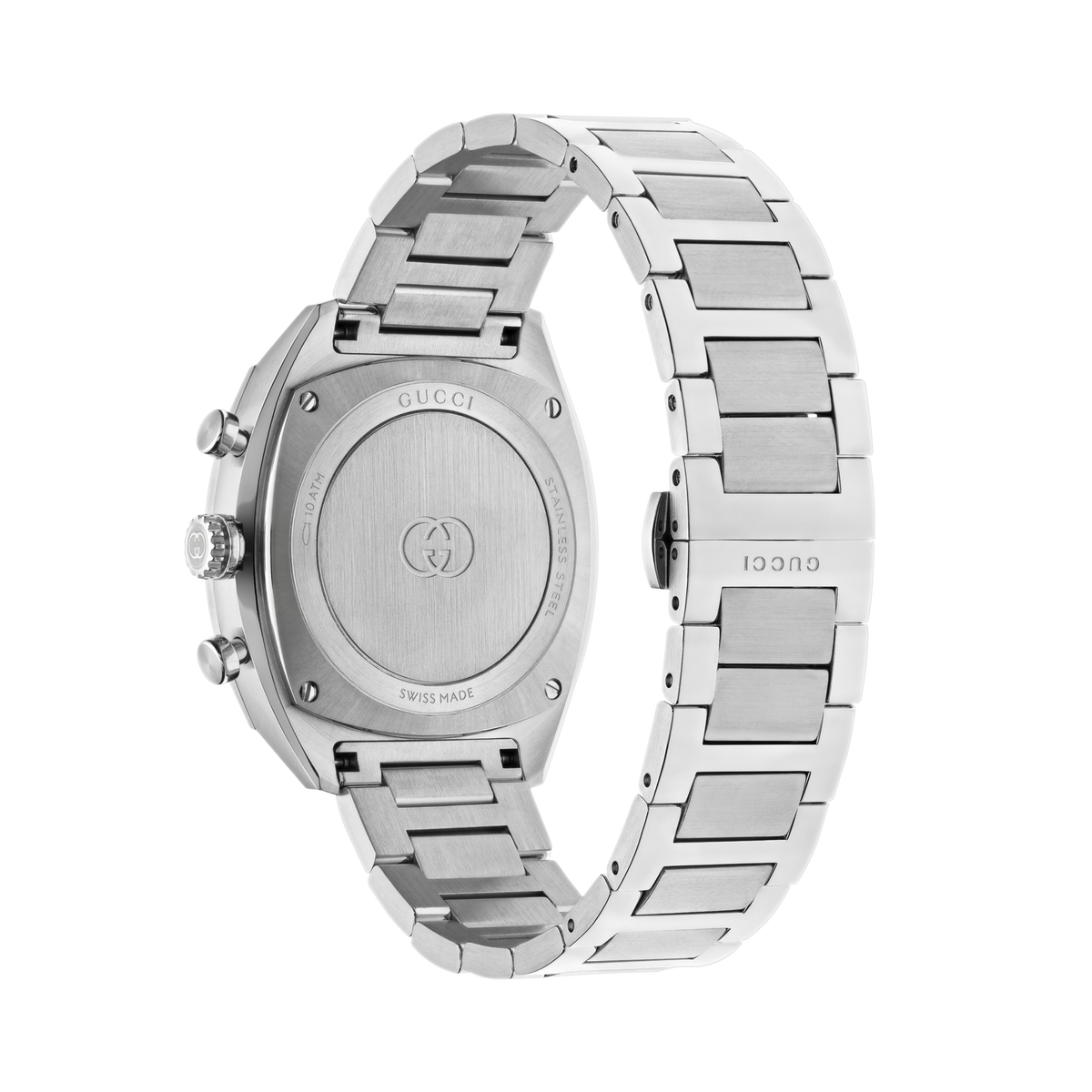 rear view of the Gucci chronograph bracelet watch displaying the stainless steel case back, deployment clasp fastening, and integrated bracelet construction

