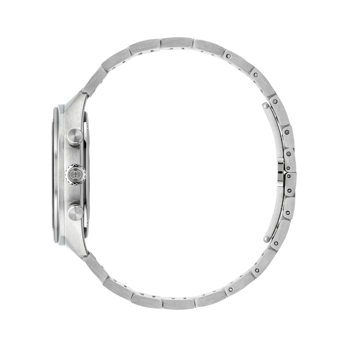 side profile of the Gucci chronograph watch highlighting the angular stainless steel case, chronograph pushers, signed crown, and brushed bracelet links
