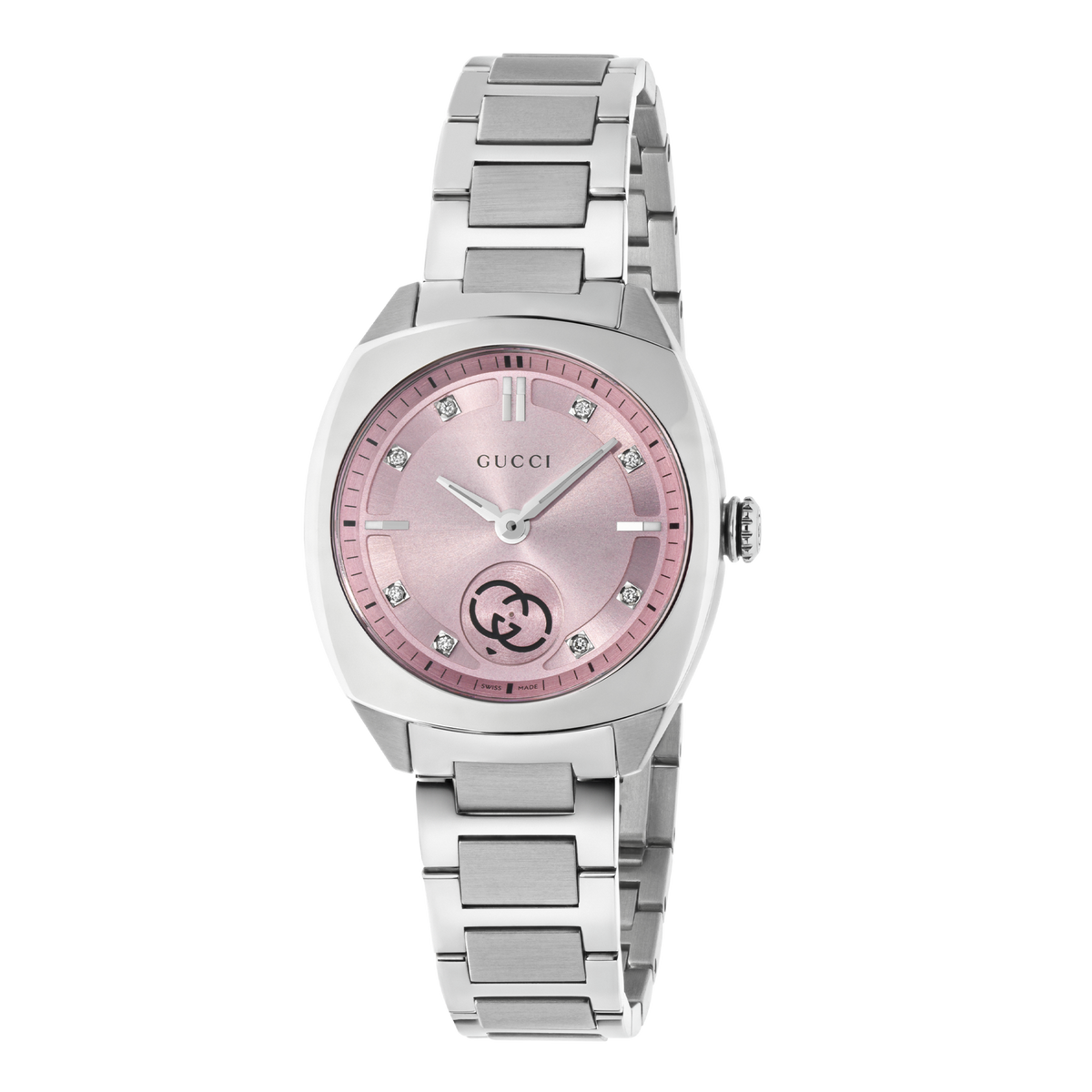 Gucci stainless steel watch with a pink dial, diamond hour markers, and interlocking G motif shown in full front view