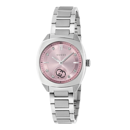 Gucci stainless steel watch with a pink dial, diamond hour markers, and interlocking G motif shown in full front view