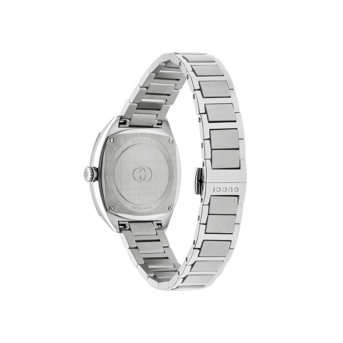 side profile of the Gucci watch highlighting the polished stainless steel case, slim crown detailing, and brushed bracelet links
