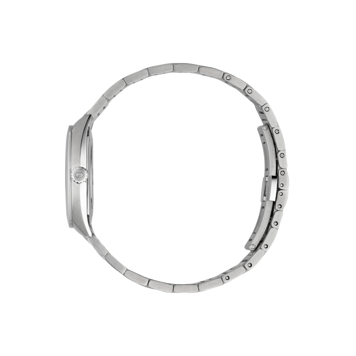 rear view of the Gucci bracelet watch displaying the stainless steel case back, secure folding clasp, and integrated link bracelet construction
