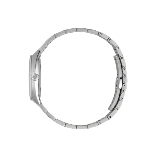 rear view of the Gucci bracelet watch displaying the stainless steel case back, secure folding clasp, and integrated link bracelet construction
