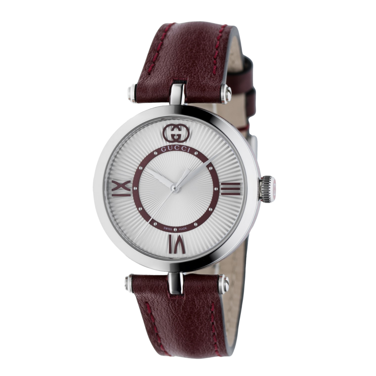 Gucci ladies’ watch with a silver sunray dial, burgundy Roman numeral accents, polished stainless steel case, and burgundy leather strap shown in full front view
