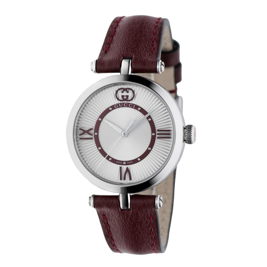 Gucci ladies’ watch with a silver sunray dial, burgundy Roman numeral accents, polished stainless steel case, and burgundy leather strap shown in full front view