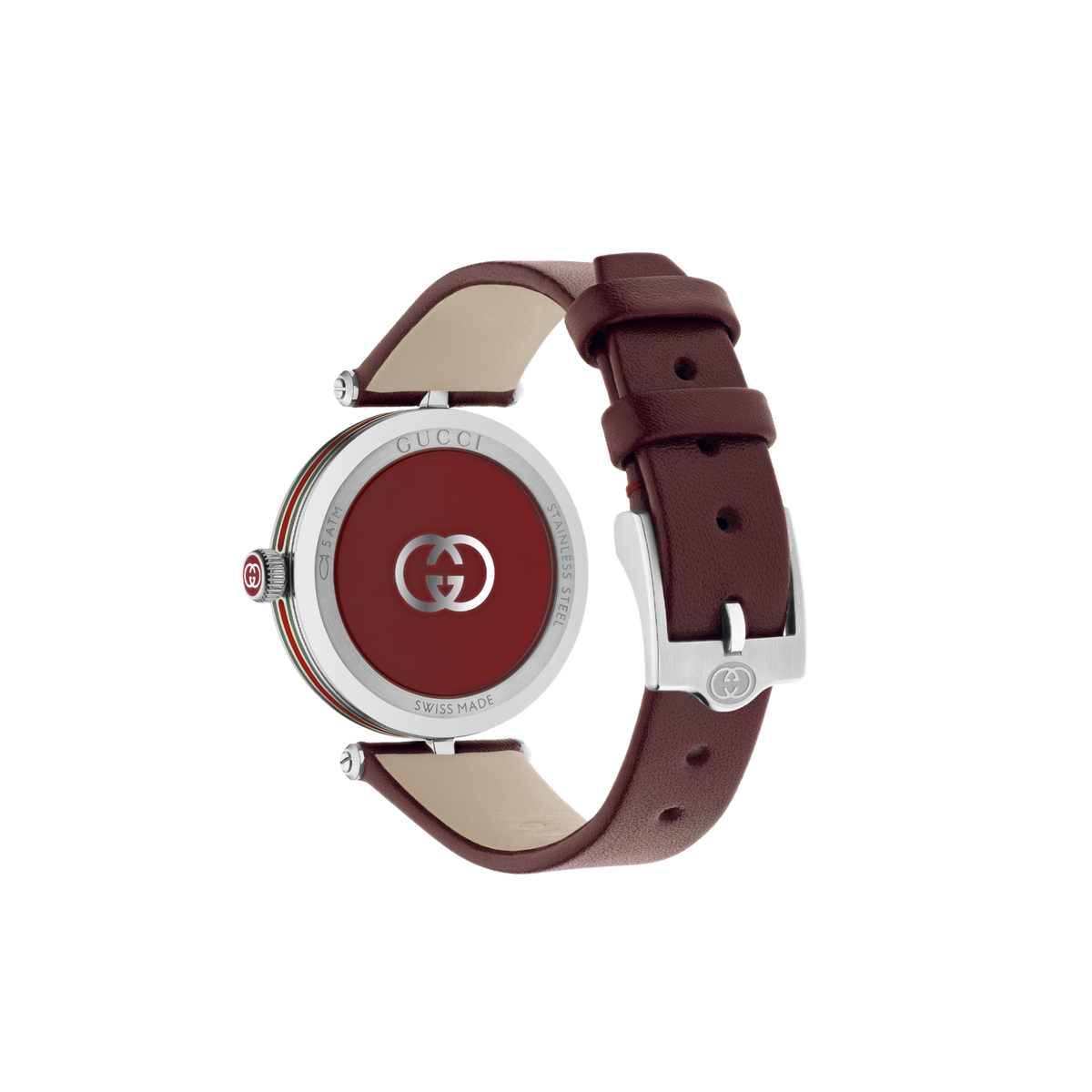side profile of the Gucci watch highlighting the slim polished case, engraved crown, and burgundy leather strap with contrast stitching
