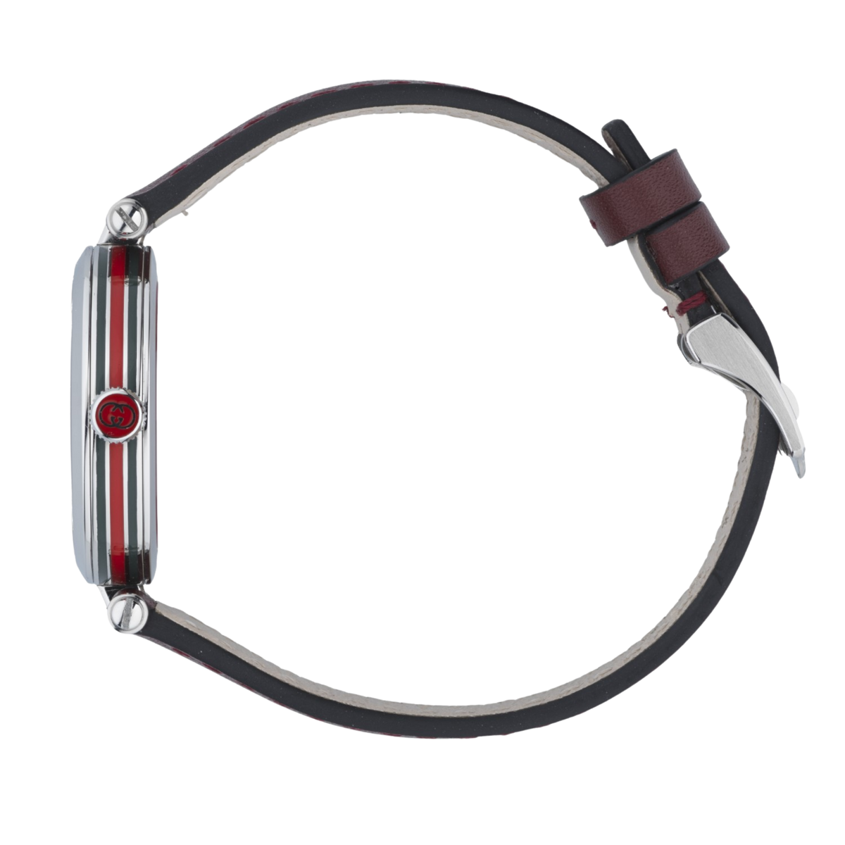 rear view of the Gucci leather strap watch displaying the stainless steel case back, buckle fastening, and smooth burgundy leather strap construction
