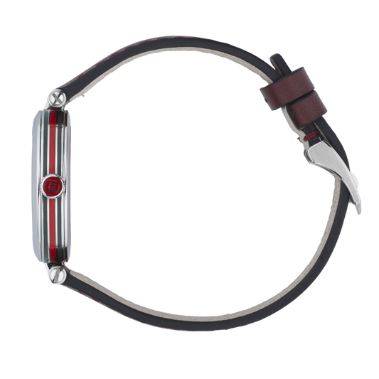 rear view of the Gucci leather strap watch displaying the stainless steel case back, buckle fastening, and smooth burgundy leather strap construction
