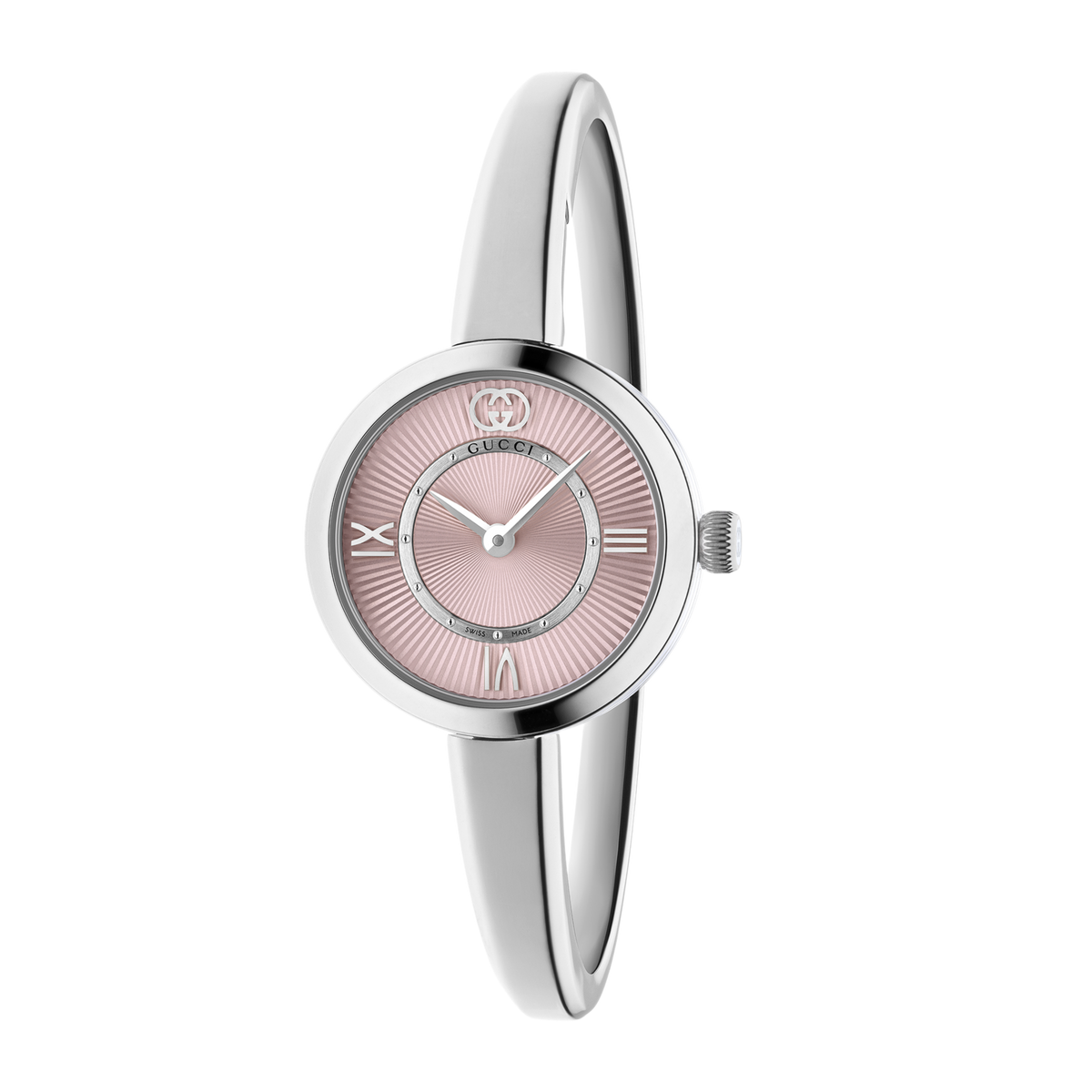 Gucci stainless steel bangle watch with a soft pink sunray dial, slim silver-tone hands, and minimalist Roman numeral markers shown in full front view
