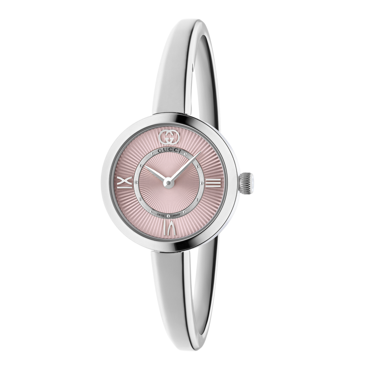 Gucci stainless steel bangle watch with a soft pink sunray dial, slim silver-tone hands, and minimalist Roman numeral markers shown in full front view
