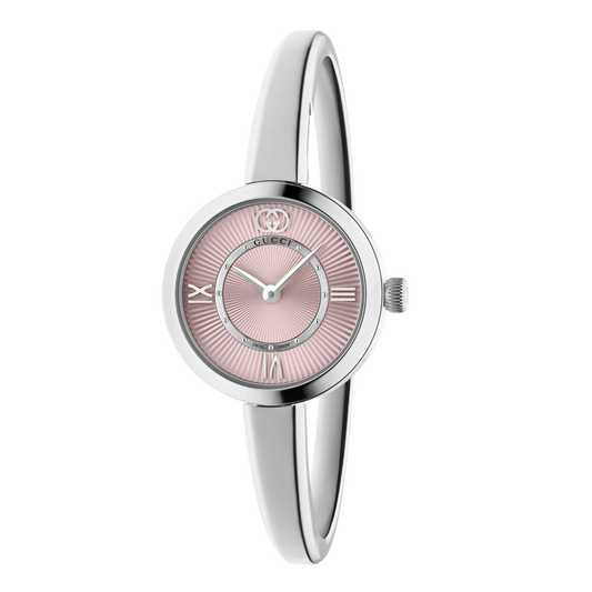 Gucci stainless steel bangle watch with a soft pink sunray dial, slim silver-tone hands, and minimalist Roman numeral markers shown in full front view
