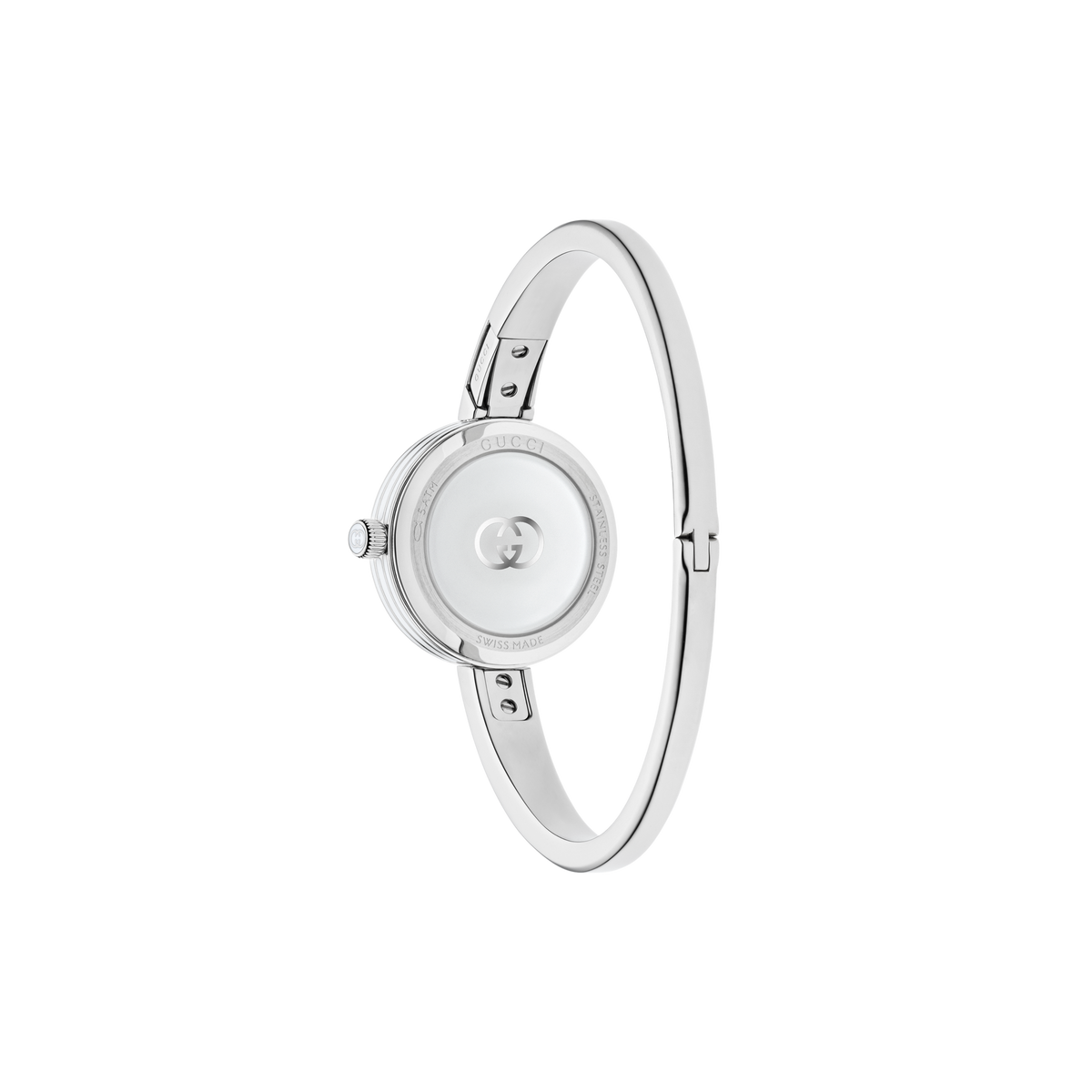 rear view of the Gucci bangle watch displaying the polished case back, smooth hinged bracelet construction, and integrated fastening design
