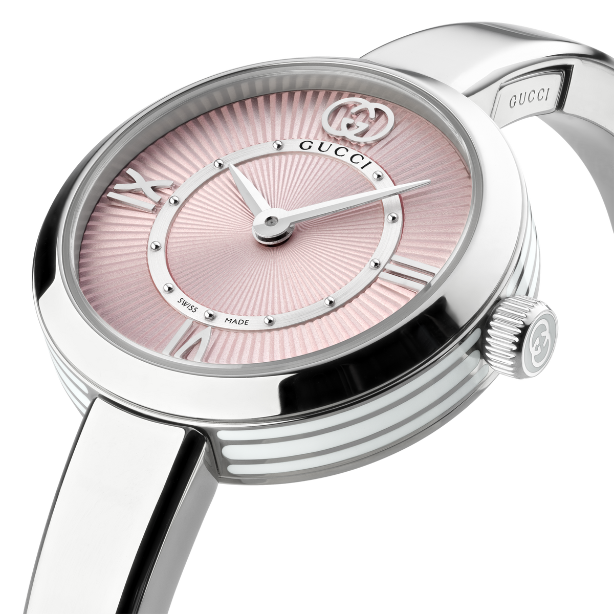side profile of the Gucci watch highlighting the polished stainless steel bangle bracelet, rounded case shape, and crown detailing
