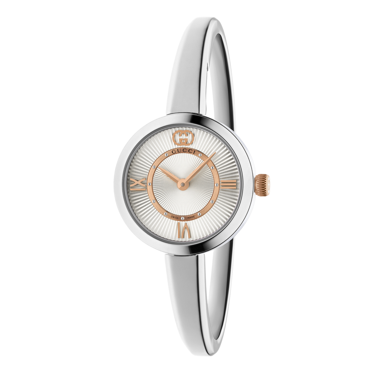 Gucci stainless steel bangle watch with a silver sunray dial, rose gold-tone accents, and minimalist Roman numeral markers shown in full front view

