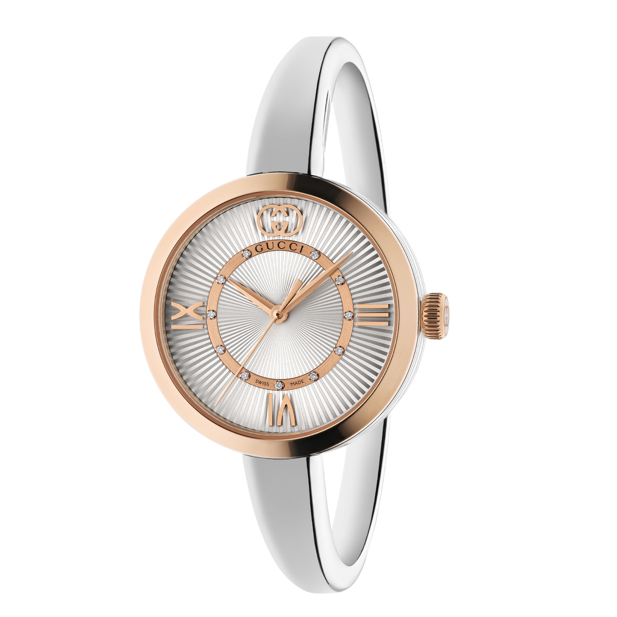 Gucci Model 2000 30mm women’s watch with silver dial, stainless steel bangle and pink gold-plated bezel