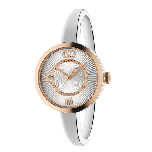 Gucci Model 2000 30mm women’s watch with silver dial, stainless steel bangle and pink gold-plated bezel