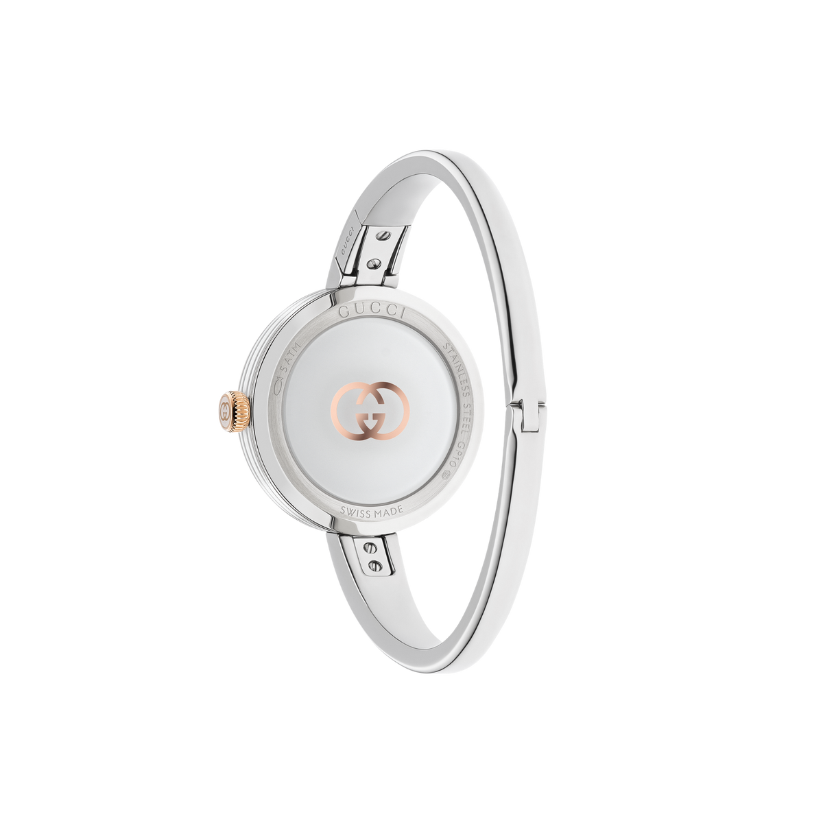 Gucci Model 2000 women’s watch with 30mm stainless steel case, silver dial, sapphire glass and elegant bangle bracelet