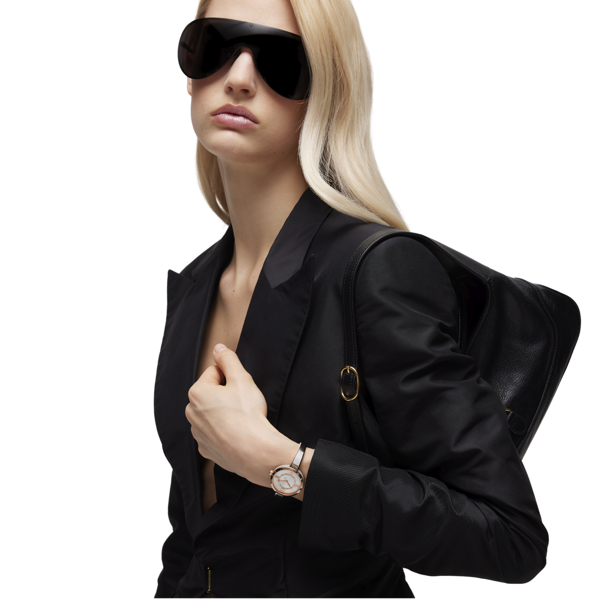 Gucci Model 2000 30mm luxury watch with silver dial, pink gold-plated bezel and polished stainless steel bangle