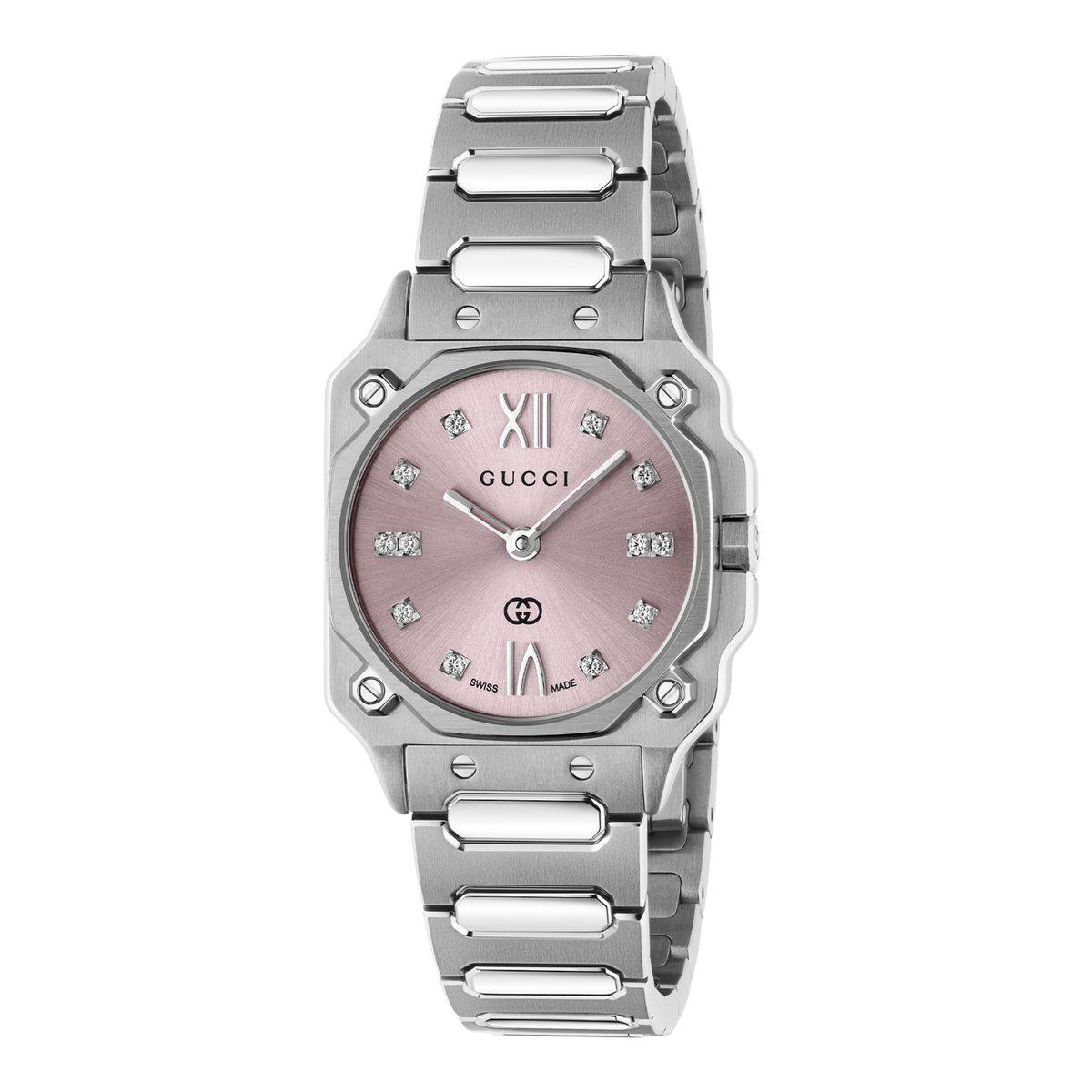 Gucci stainless steel bracelet watch with a soft pink dial, diamond hour markers, and angular bezel detailing shown in full front view with brushed and polished finishes
