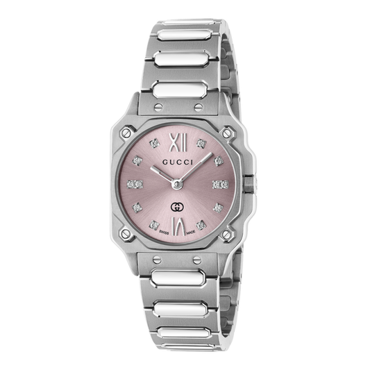 Gucci stainless steel bracelet watch with a soft pink dial, diamond hour markers, and angular bezel detailing shown in full front view with brushed and polished finishes
