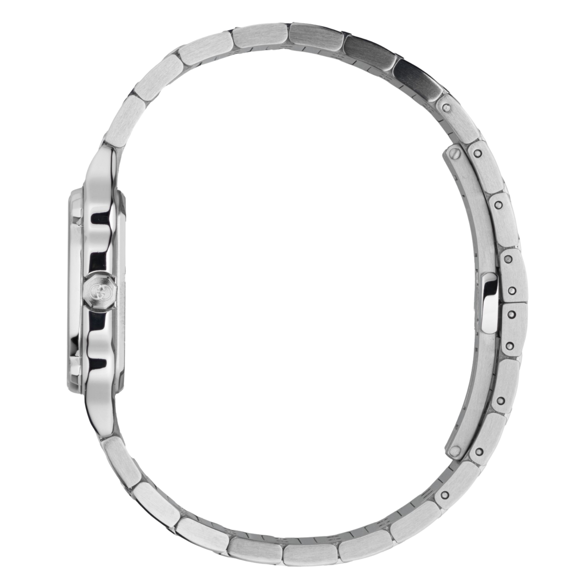 side profile of the Gucci watch highlighting the sculpted stainless steel case, integrated bracelet links, and refined geometric bezel construction
