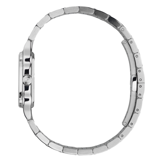 side profile of the Gucci watch highlighting the sculpted stainless steel case, integrated bracelet links, and refined geometric bezel construction
